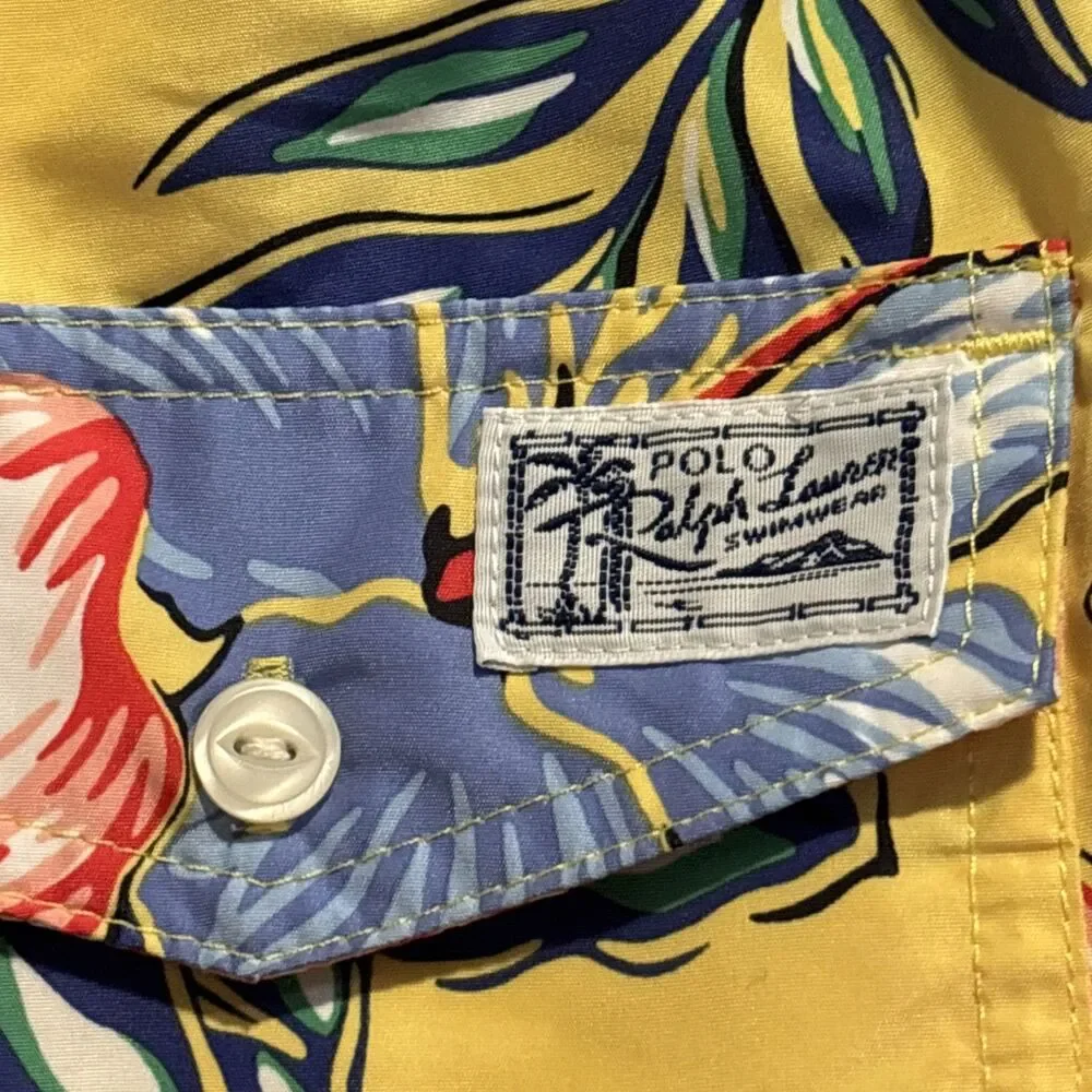Polo Ralph Lauren Long Swim Trunks Men's Large Yellow Hibiscus Floral Traveler
